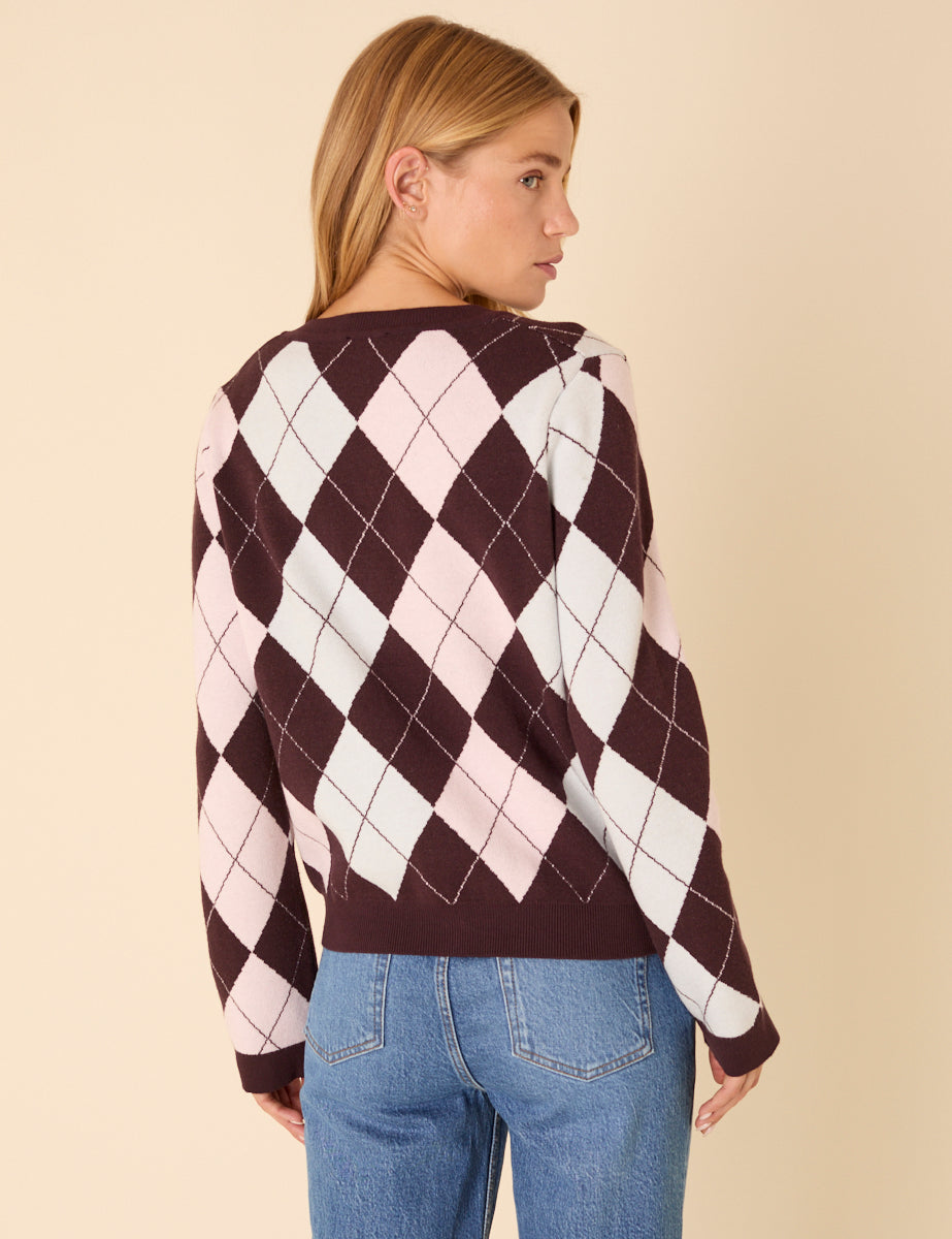 Brown And Pink Argyle Print Cardigan
