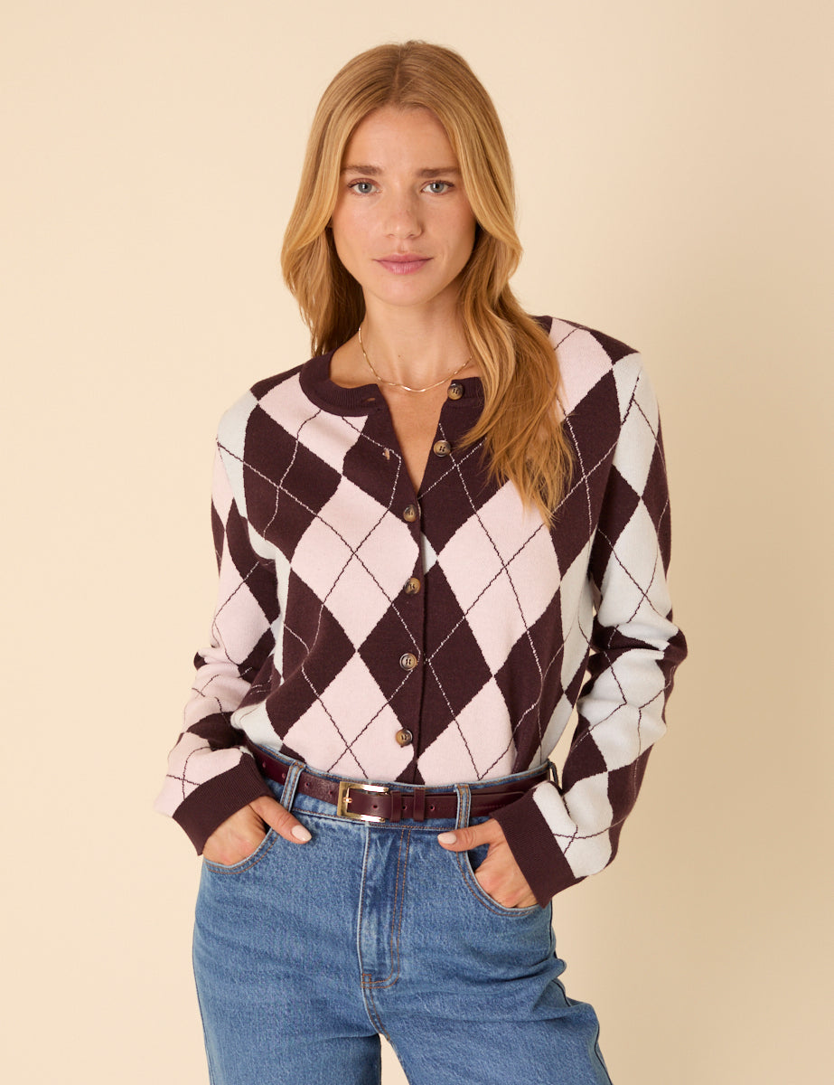 Brown And Pink Argyle Print Cardigan
