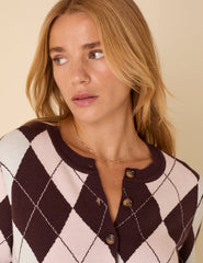 Brown And Pink Argyle Print Cardigan