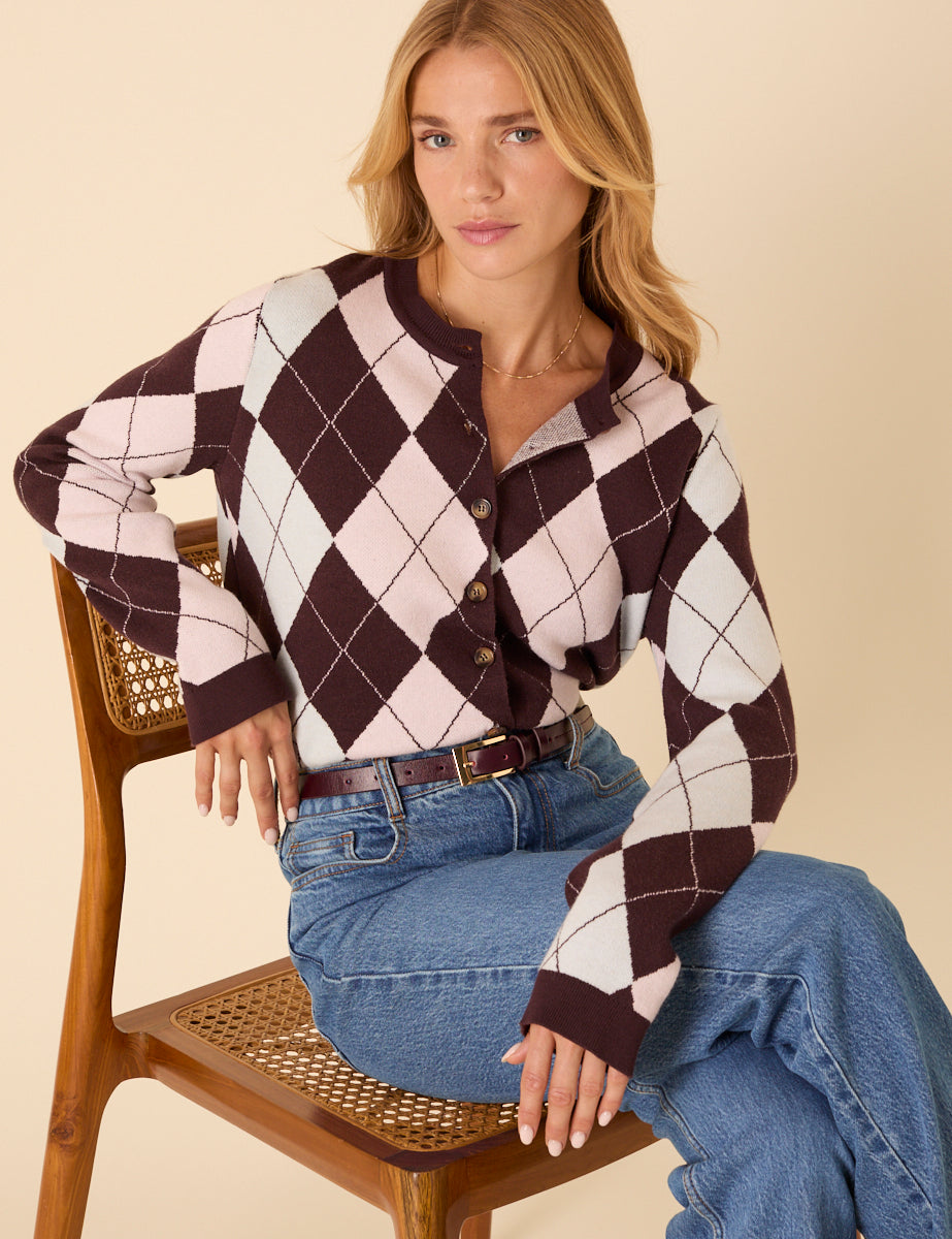 Brown And Pink Argyle Print Cardigan