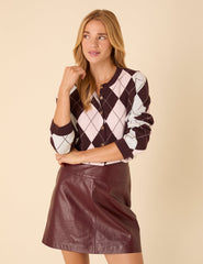 Brown And Pink Argyle Print Cardigan