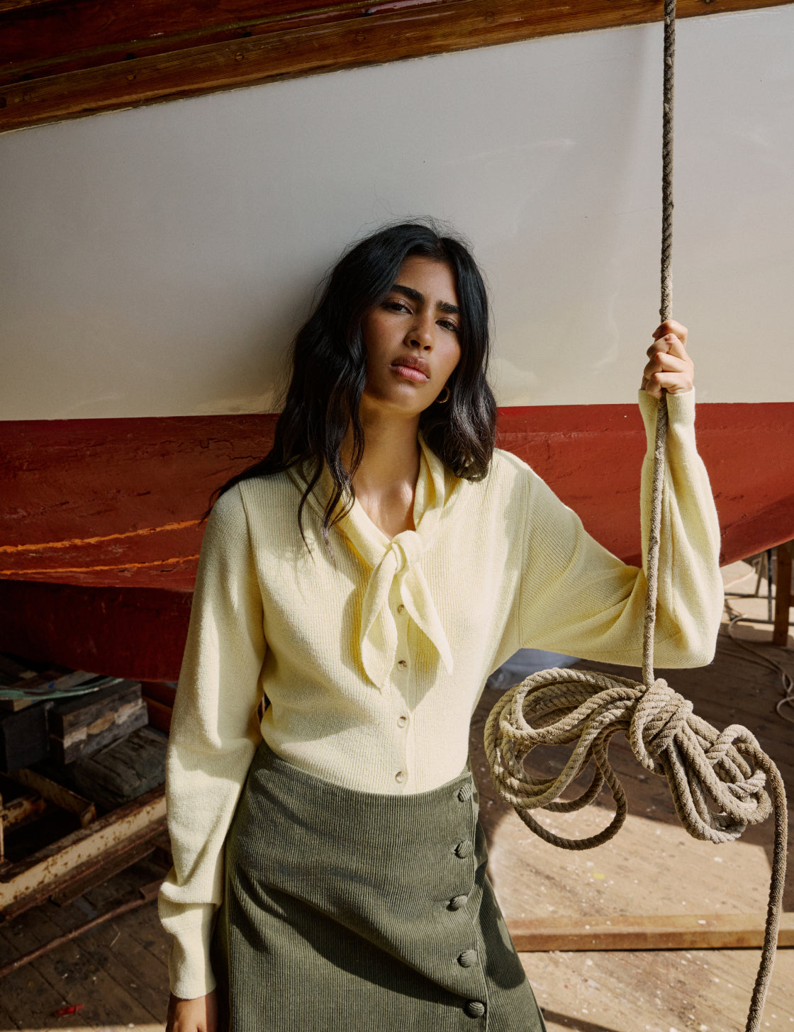 Butter Yellow Neck Tie Scarf Cardigan