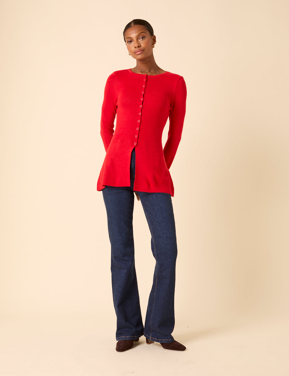 Red Ribbed Longline Cardigan