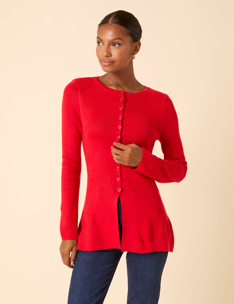 Red Ribbed Longline Cardigan