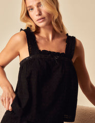 Black Embroidered Frill Pyjama Top