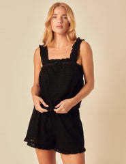 Black Embroidered Frill Pyjama Top