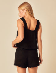 Black Embroidered Frill Pyjama Top