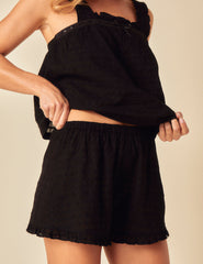 Black Embroidered Frill Pyjama Shorts