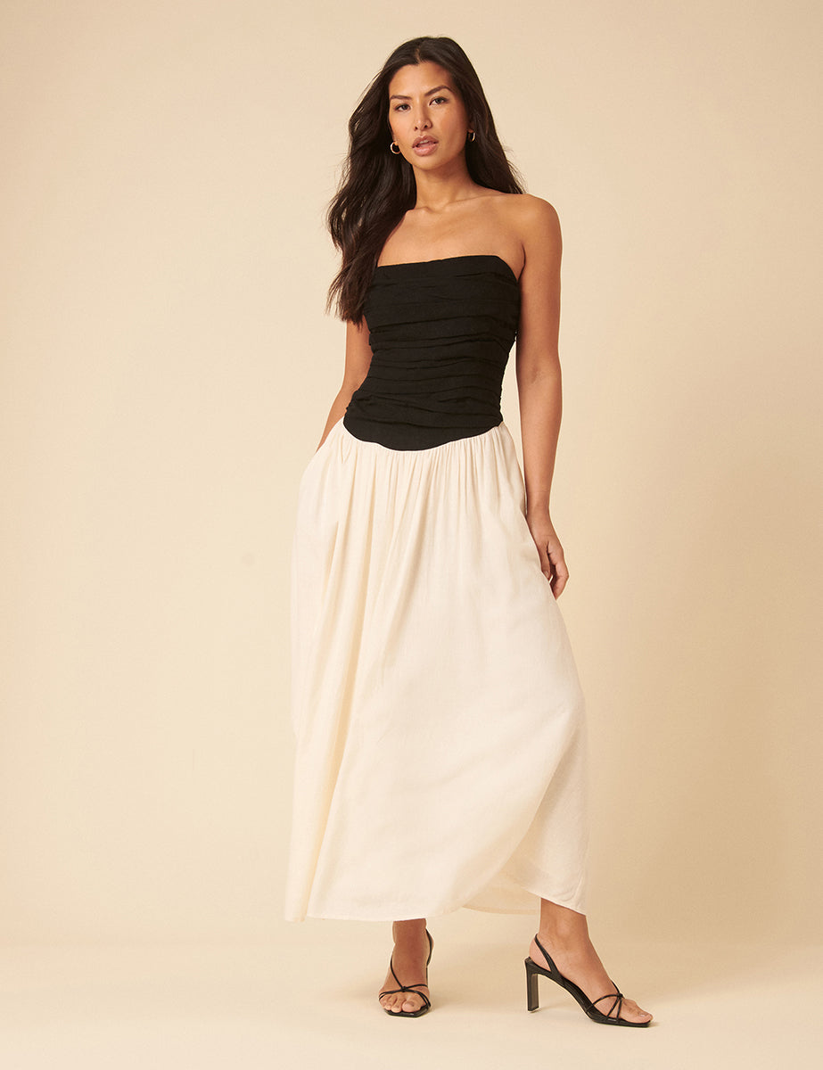 Black Bandeau Linen-blend Contrast Kendra Midi Dress