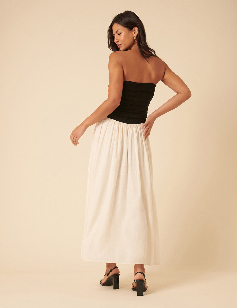 Black Bandeau Linen-blend Contrast Kendra Midi Dress