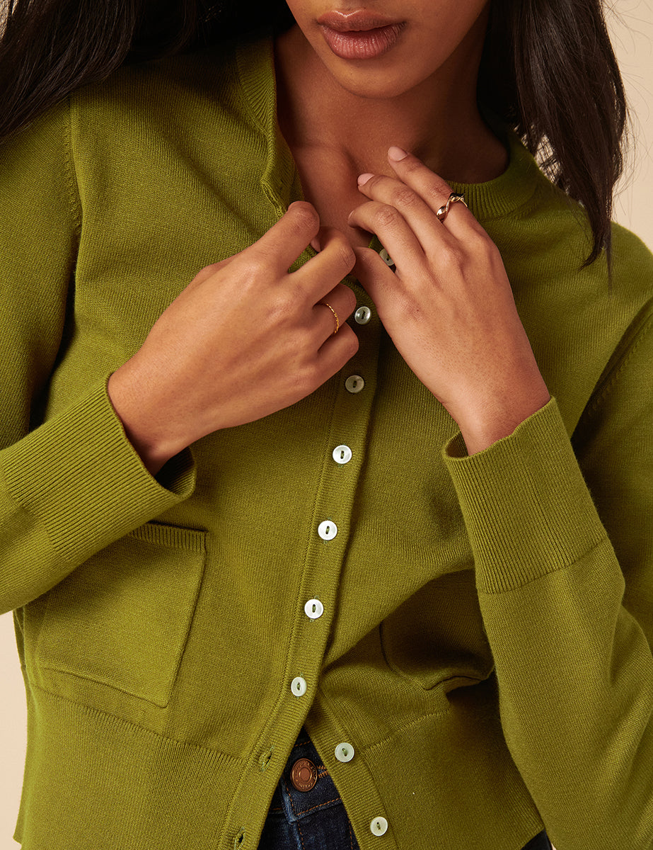 Green Crew Neck Cardigan