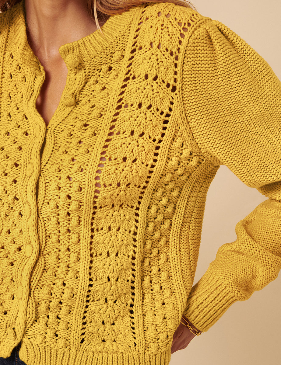 Yellow Pointelle Button Down Knitted Cardigan