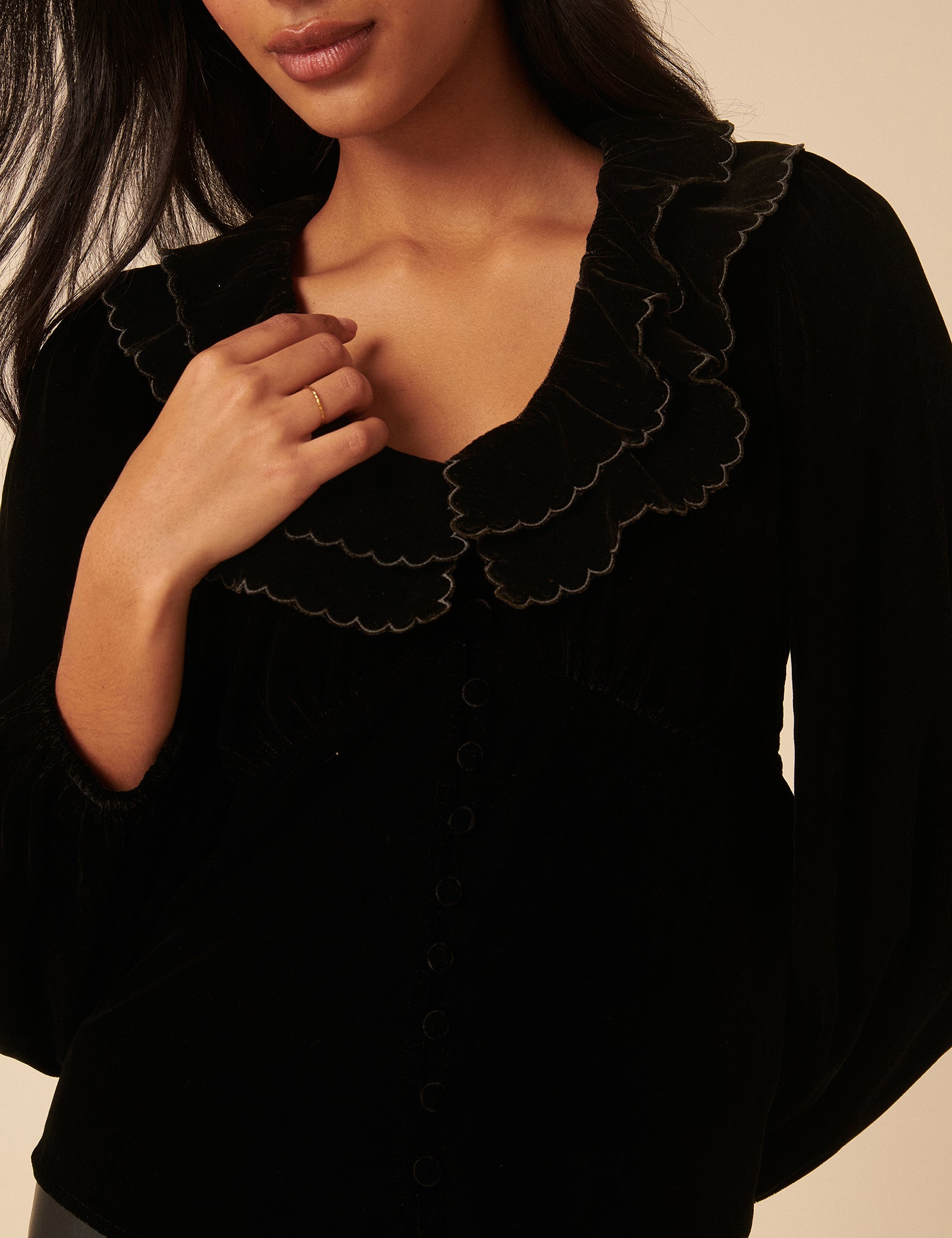 Black Velvet Ruffle Collared Blouse