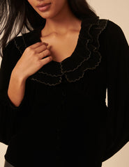 Black Velvet Ruffle Collared Blouse