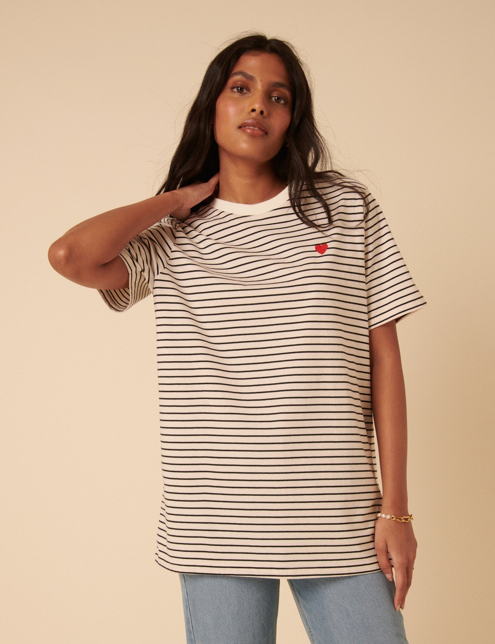 Black And White Striped Heart Embroidered T-Shirt