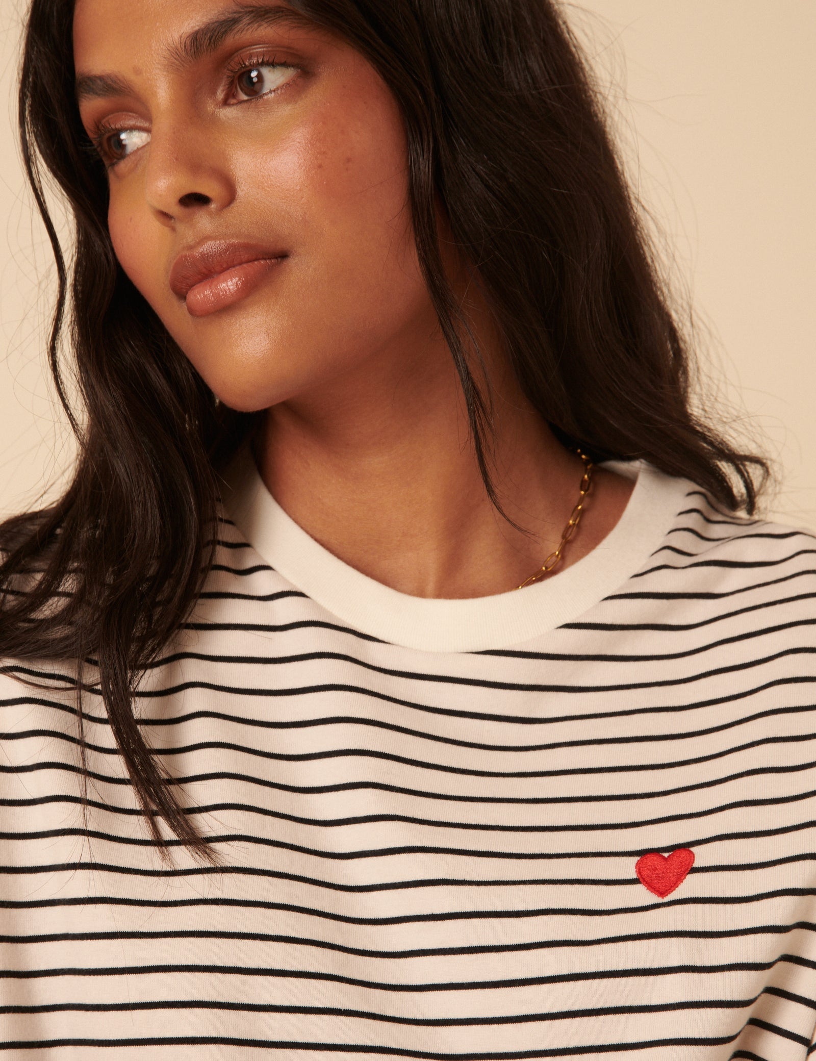Black And White Striped Heart Embroidered T-Shirt
