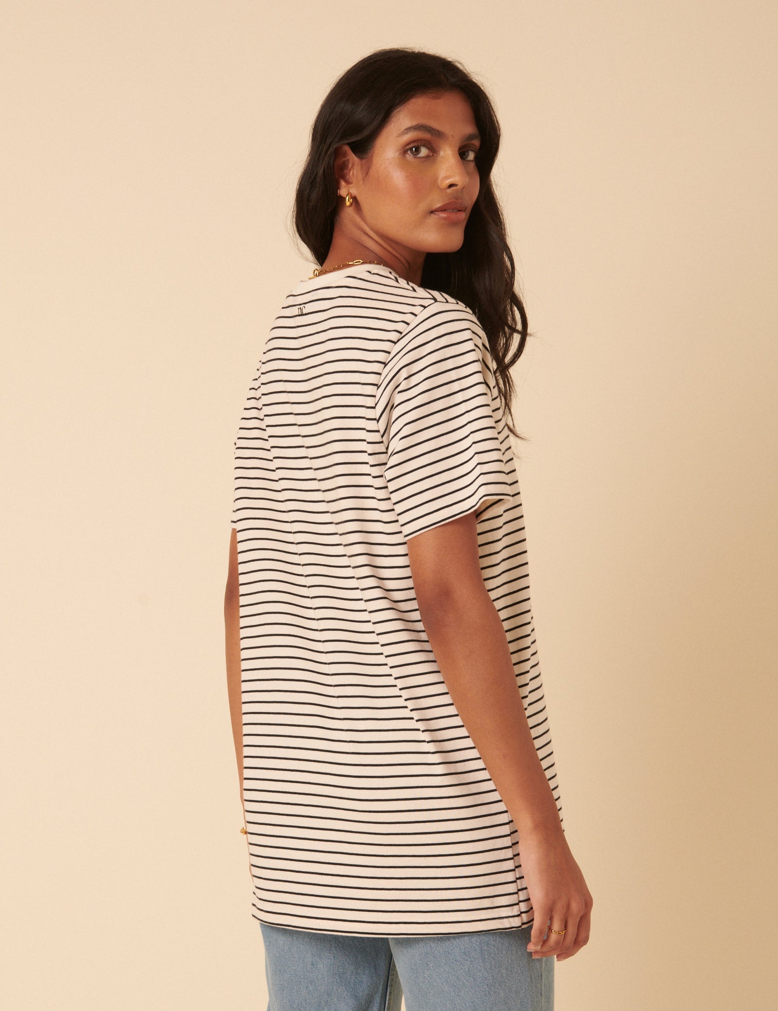 Black And White Striped Heart Embroidered T-Shirt