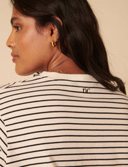 Black And White Striped Heart Embroidered T-Shirt