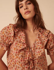 Pink Floral Puff Sleeve Blouse