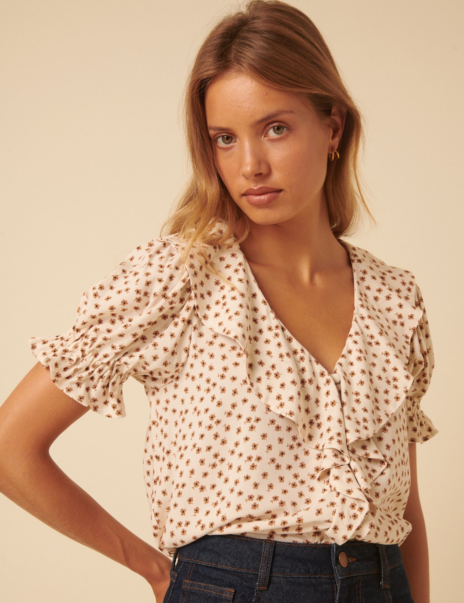 Cream Ditsy Floral Puff Sleeve Blouse