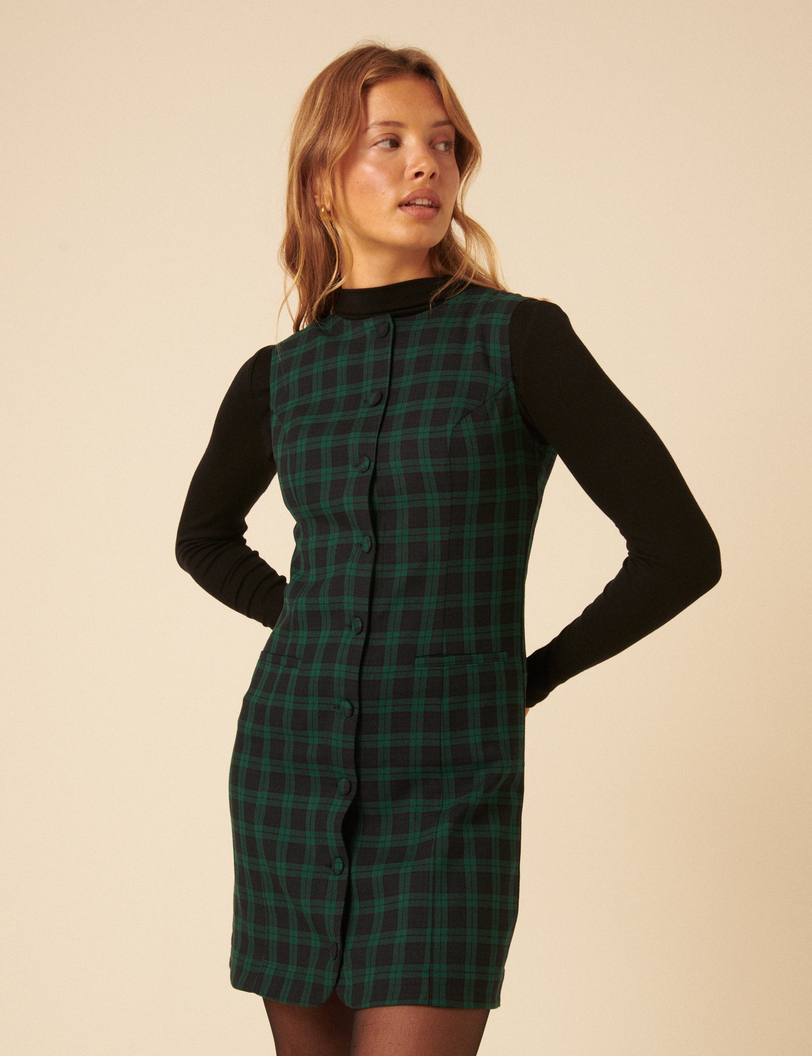 Green Check Ellie Pinafore Mini Dress