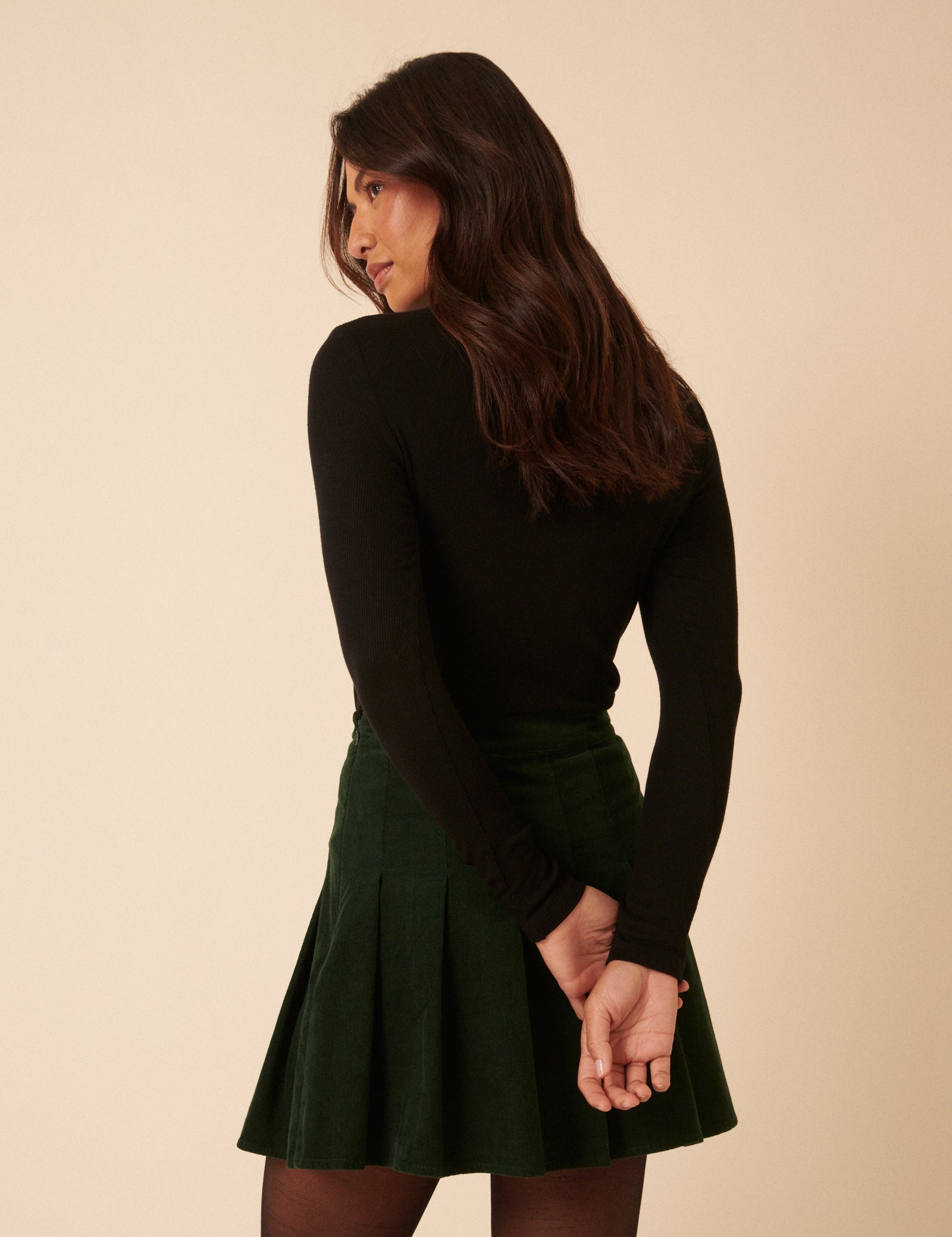 Green Cord Pleated Mini Skirt