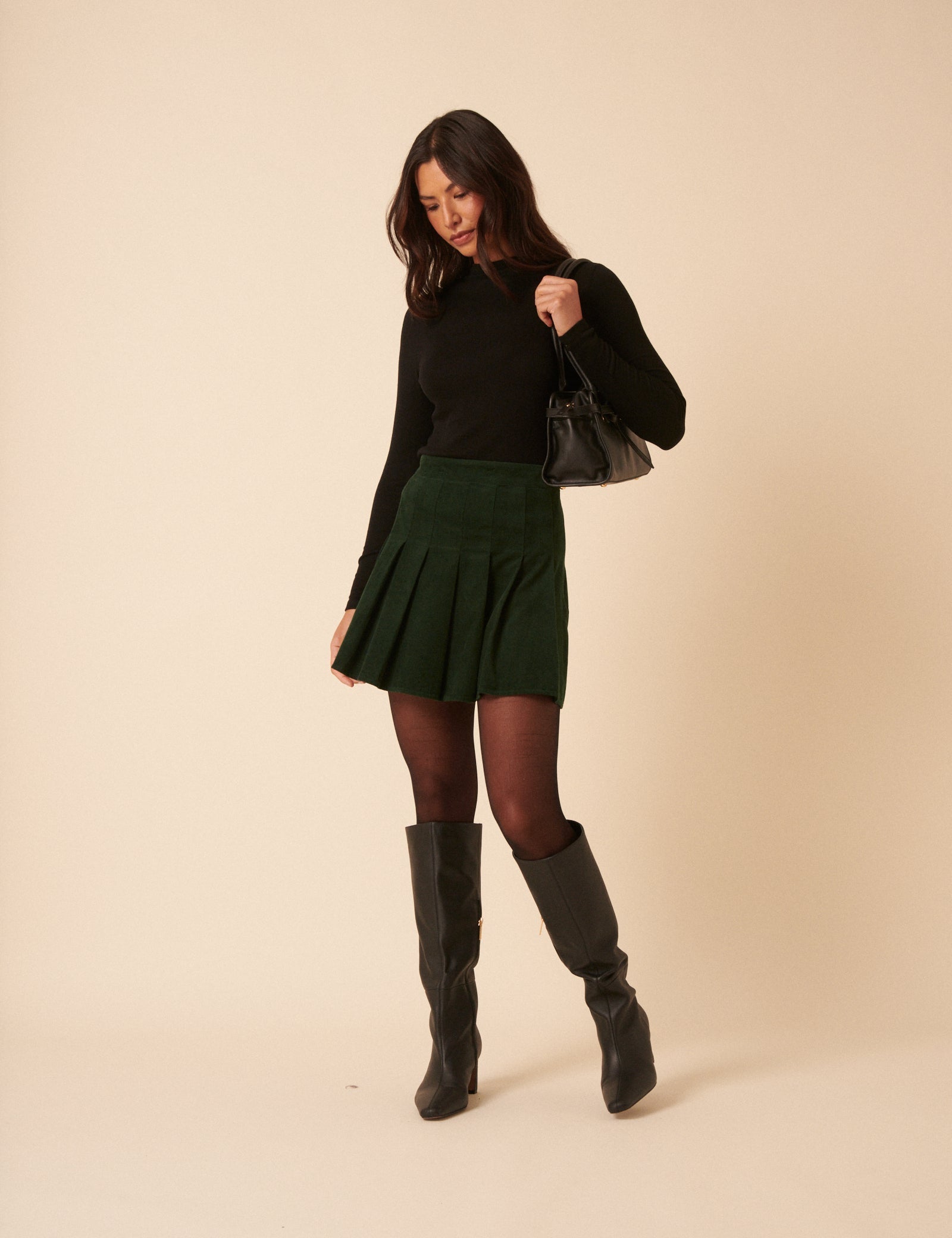 Green Cord Pleated Mini Skirt