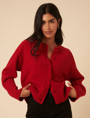 Red Wool Crew Neck Cardigan