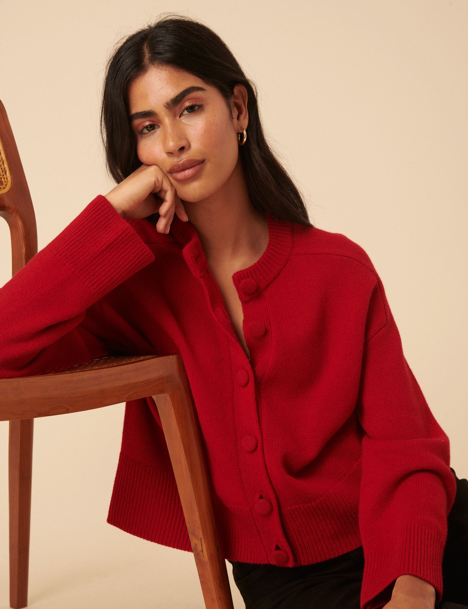 Red Wool Crew Neck Cardigan