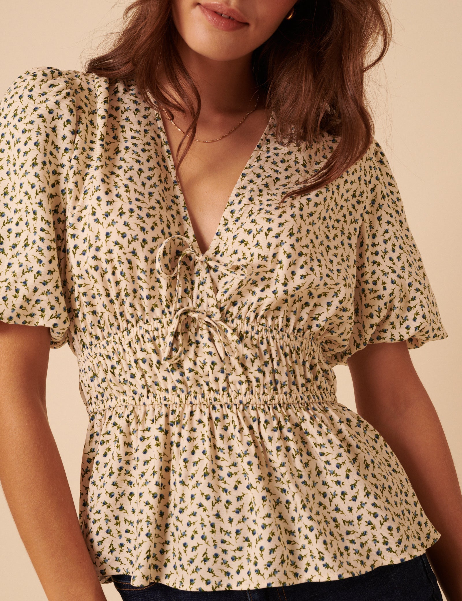 Cream Ditsy Floral V-Neck Blouse