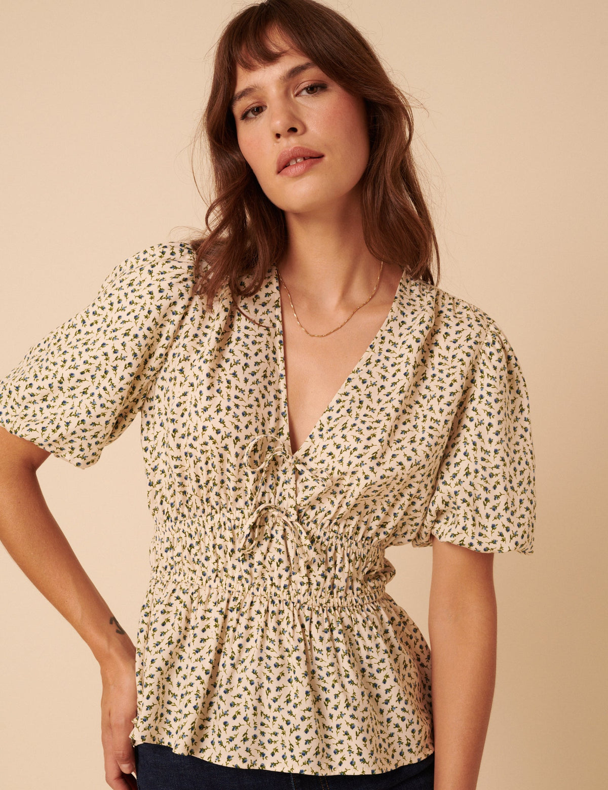 Cream Ditsy Floral V-Neck Blouse