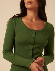 Green Ribbed Round Neck Long Sleeve Top