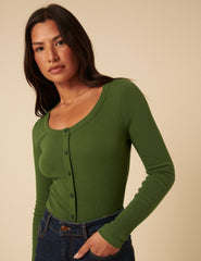 Green Ribbed Round Neck Long Sleeve Top
