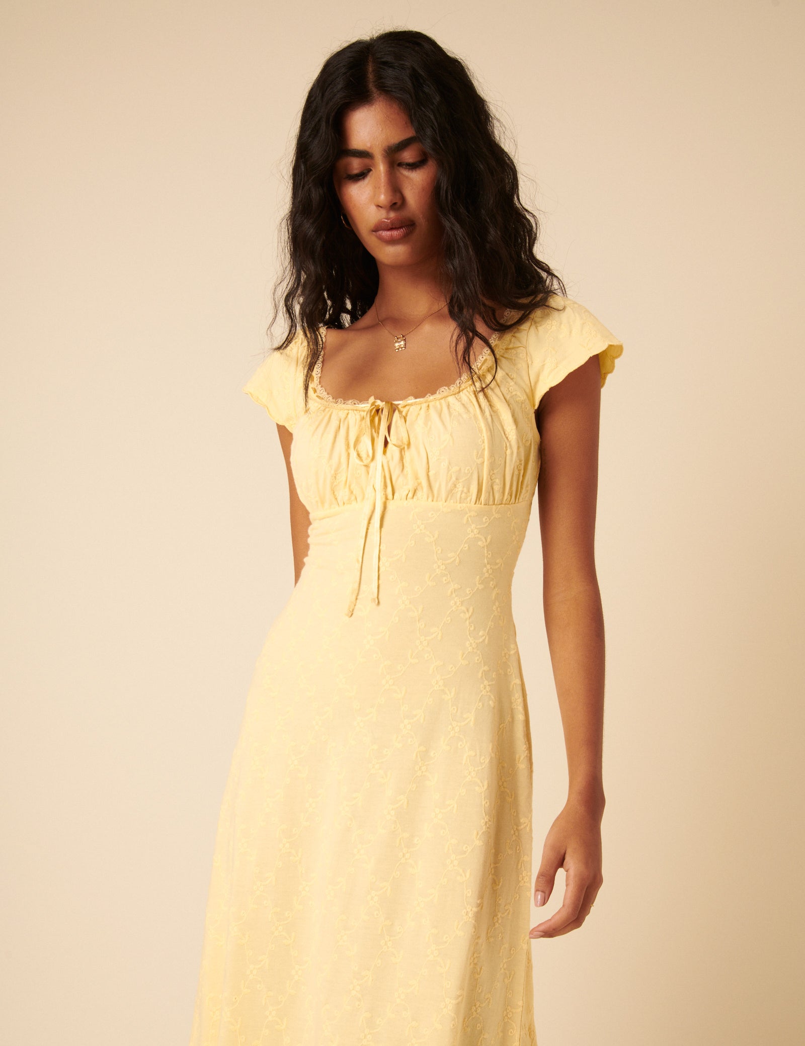 Butter Yellow Floral Embroidered Melissa Midi Dress
