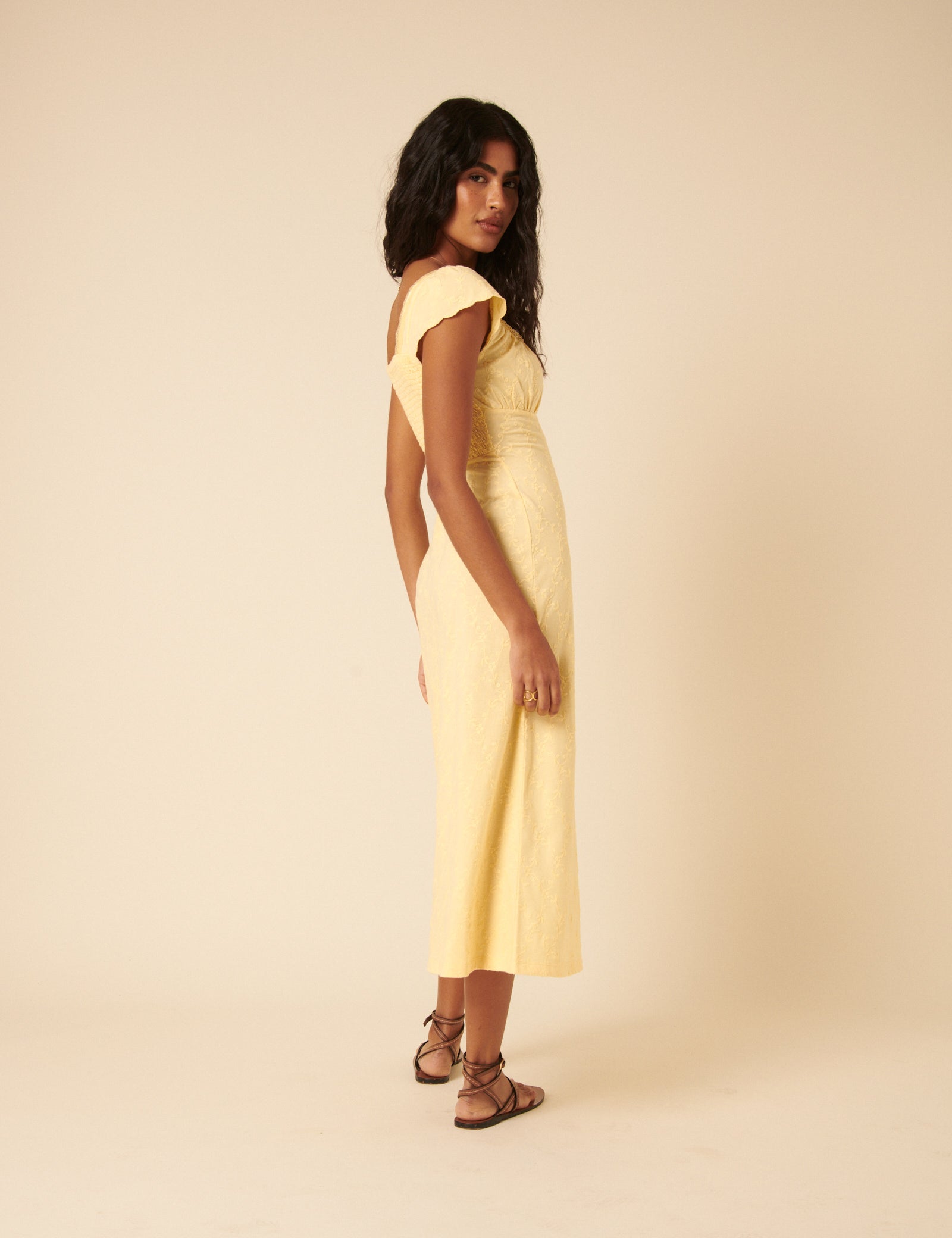 Butter Yellow Floral Embroidered Melissa Midi Dress