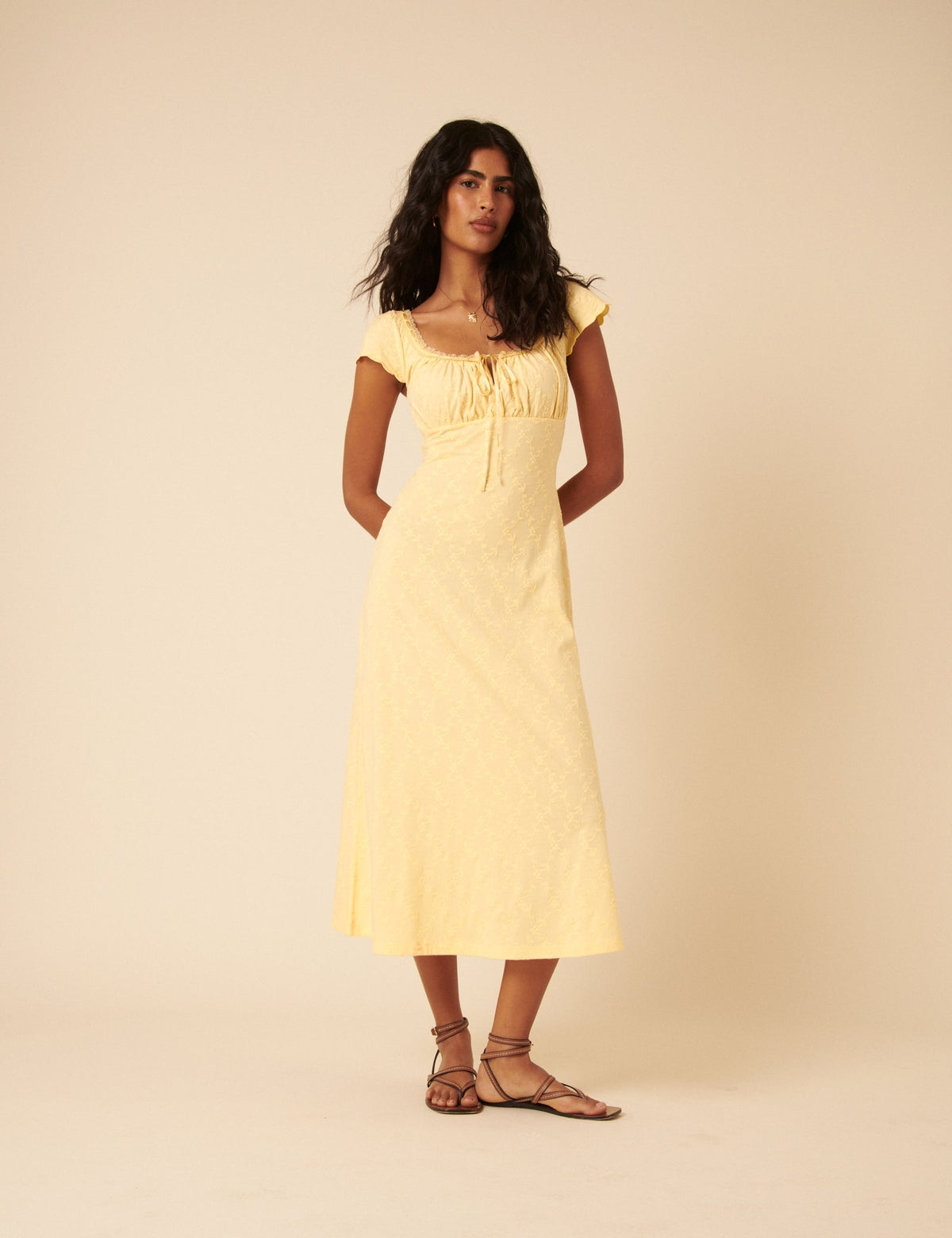 Butter Yellow Floral Embroidered Melissa Midi Dress