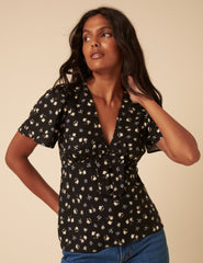 Black Ditsy Floral Frill Top