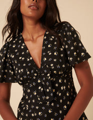 Black Ditsy Floral Frill Top