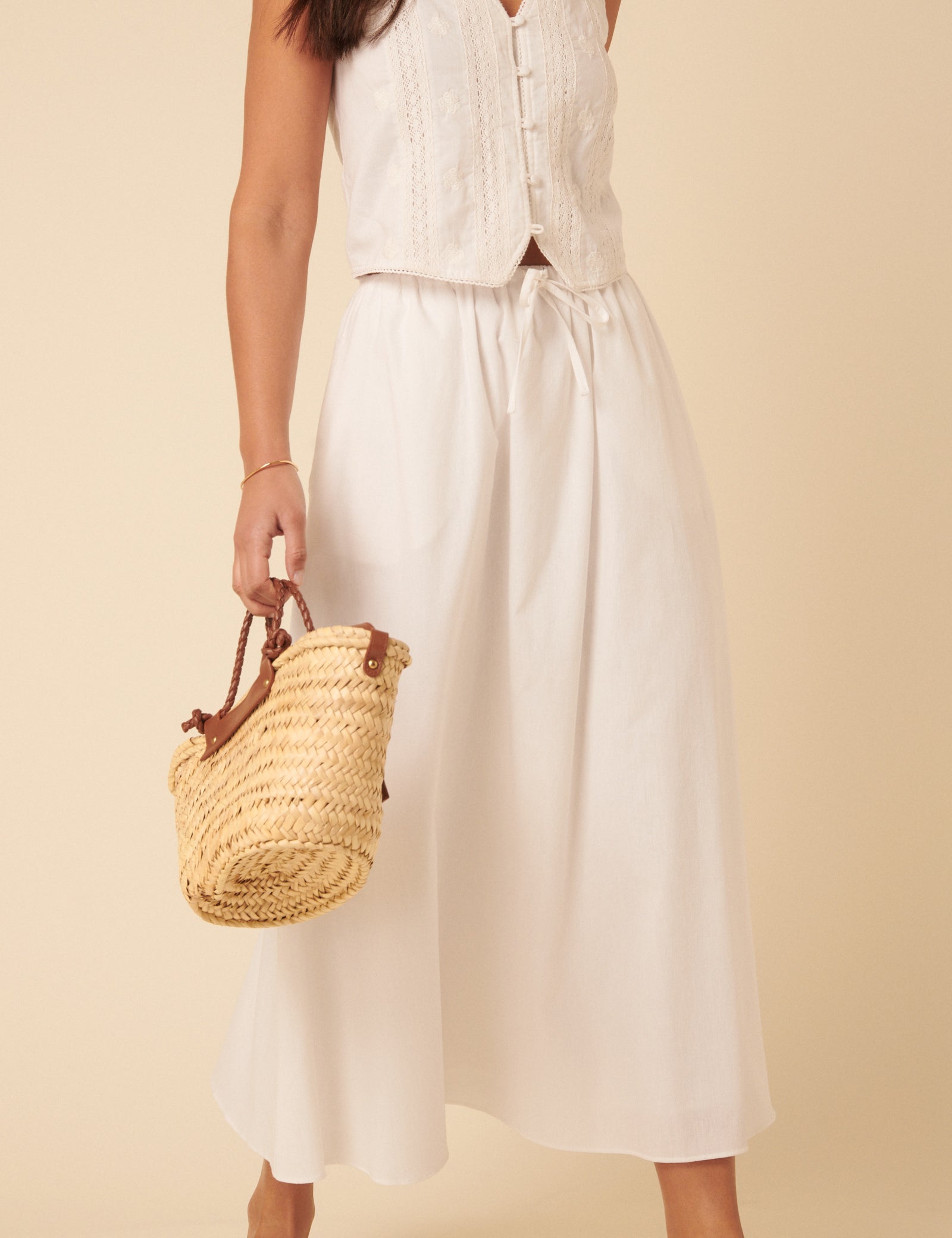 White Drawstring Midi Skirt