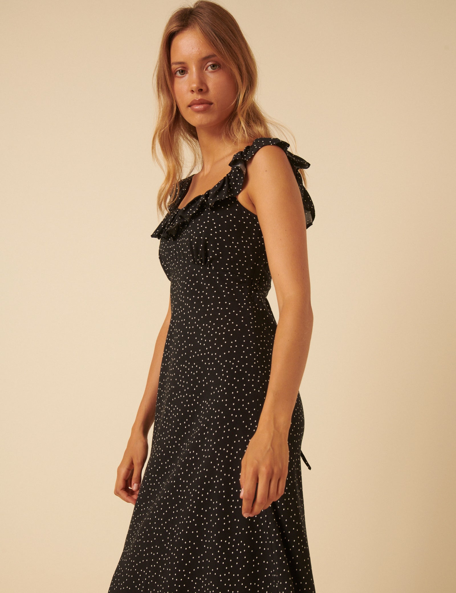 Black Polka Dot Round Neck Libby Midi Dress