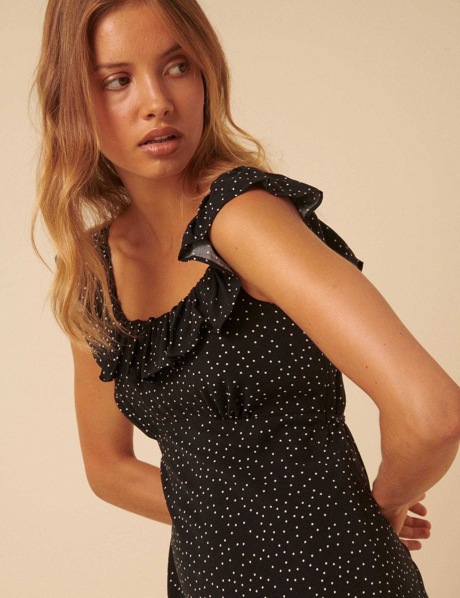 Black Polka Dot Round Neck Libby Midi Dress