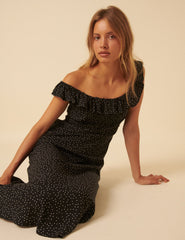 Black Polka Dot Round Neck Libby Midi Dress