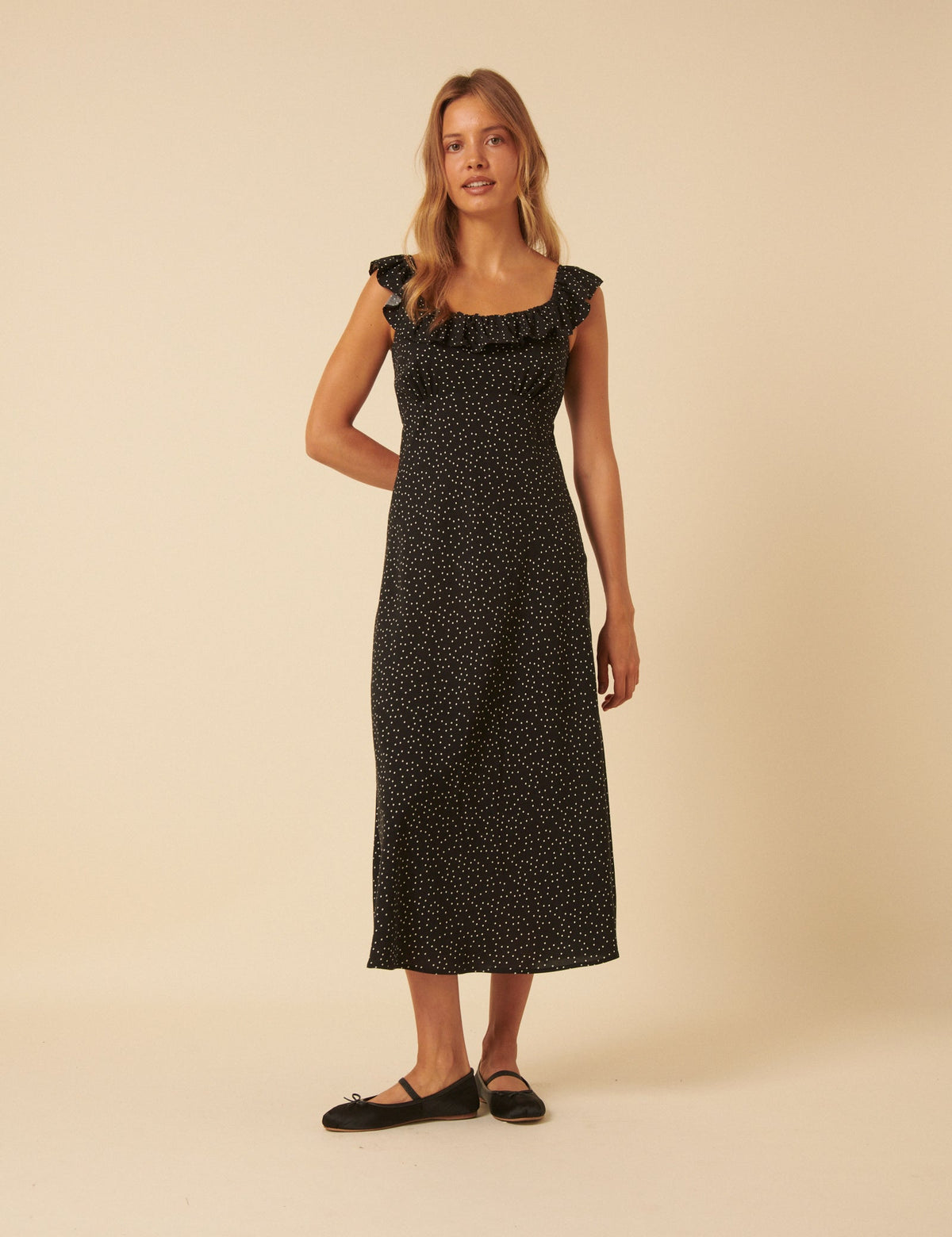 Black Polka Dot Round Neck Libby Midi Dress