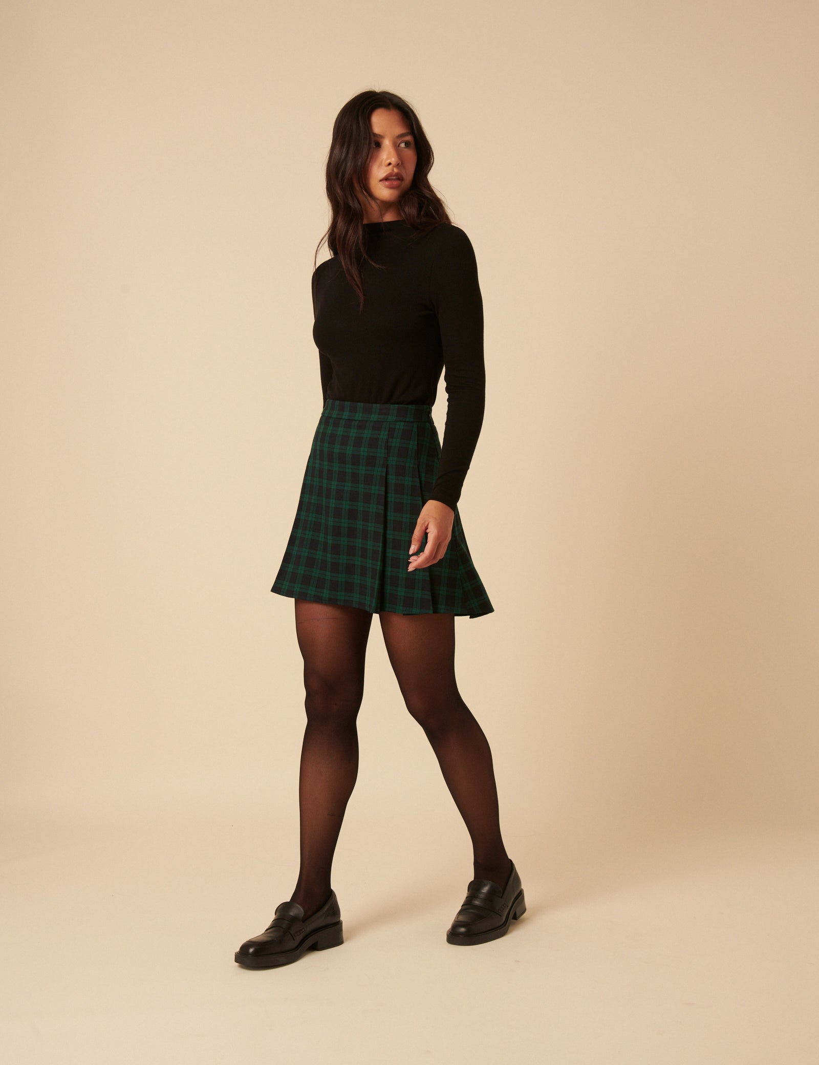 Green Check Pleated Mini Skirt