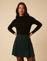 Green Check Pleated Mini Skirt