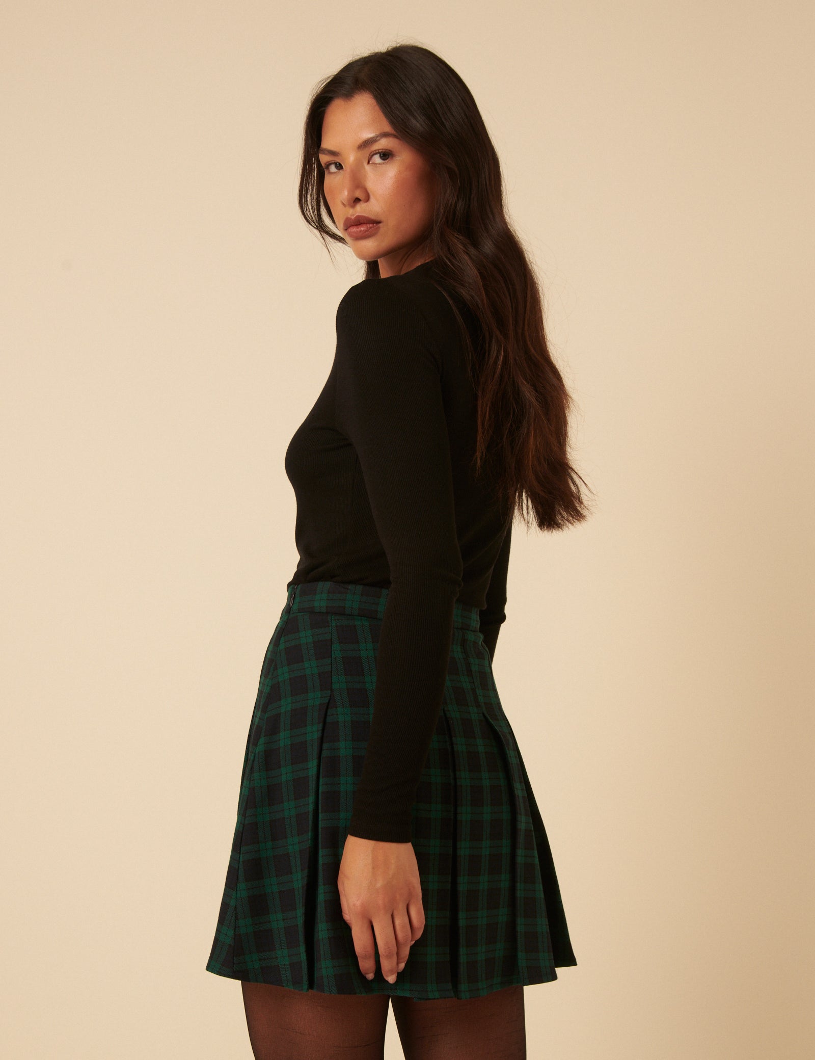 Green Check Pleated Mini Skirt