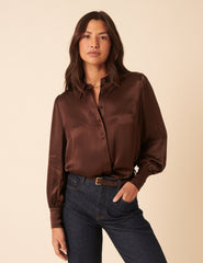 Brown Satin Balloon Sleeve Blouse
