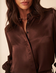 Brown Satin Balloon Sleeve Blouse