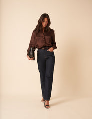 Brown Satin Balloon Sleeve Blouse