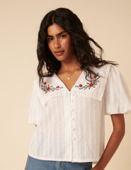 White Floral Embroidered Collar Blouse